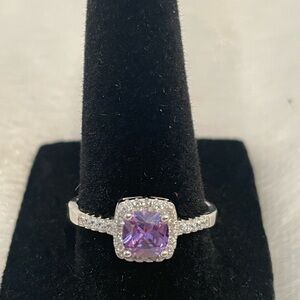 Women’s size 9 square cut amethyst center sone with Moissanite halo ring